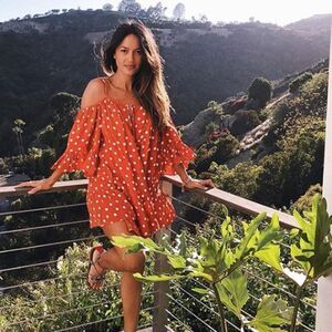Tularosa Polka Dot Orange Mini Off The Shoulder Boho Dress